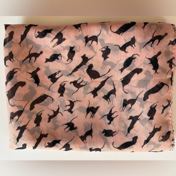 Ballet Pink & Black Cat Silouette Print Scarf Sheer Lightweight Chiffon Cat Lady - Picture 1 of 7